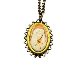Vtg Italy Religious Medal Necklace Our Lady Pray For Us Virgin Mary Cameo Style